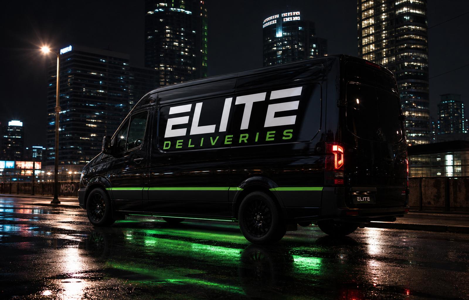 Black cargo van with neon green underglow on a wet road at night